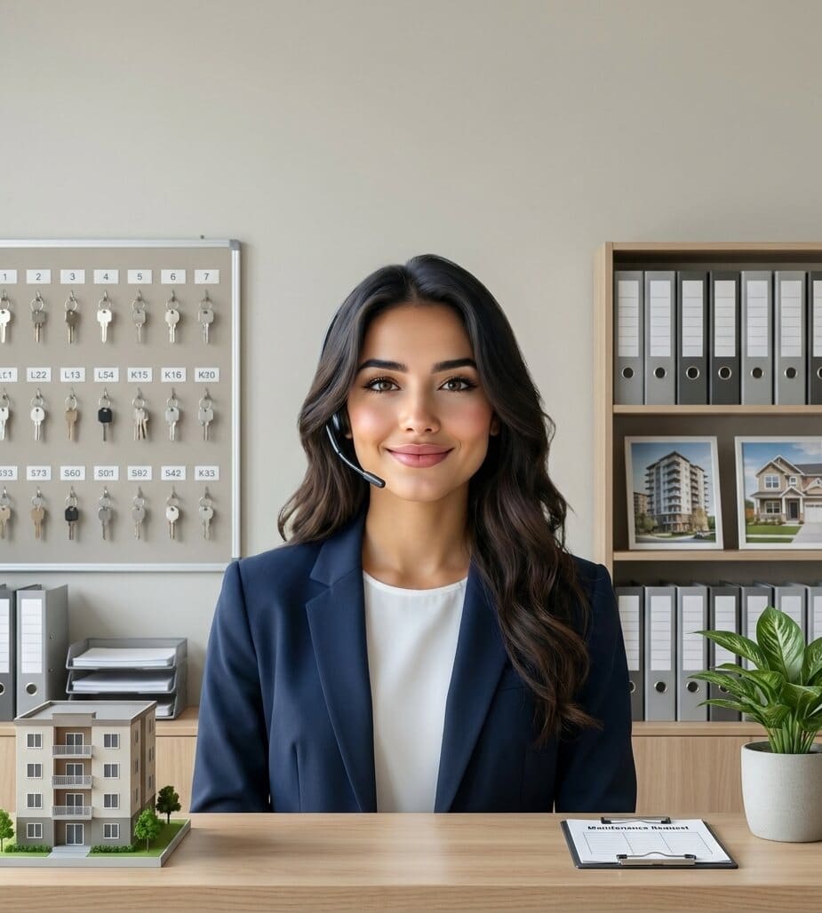 Maria at the property management desk, headset on, with the unit key board and building binders behind her