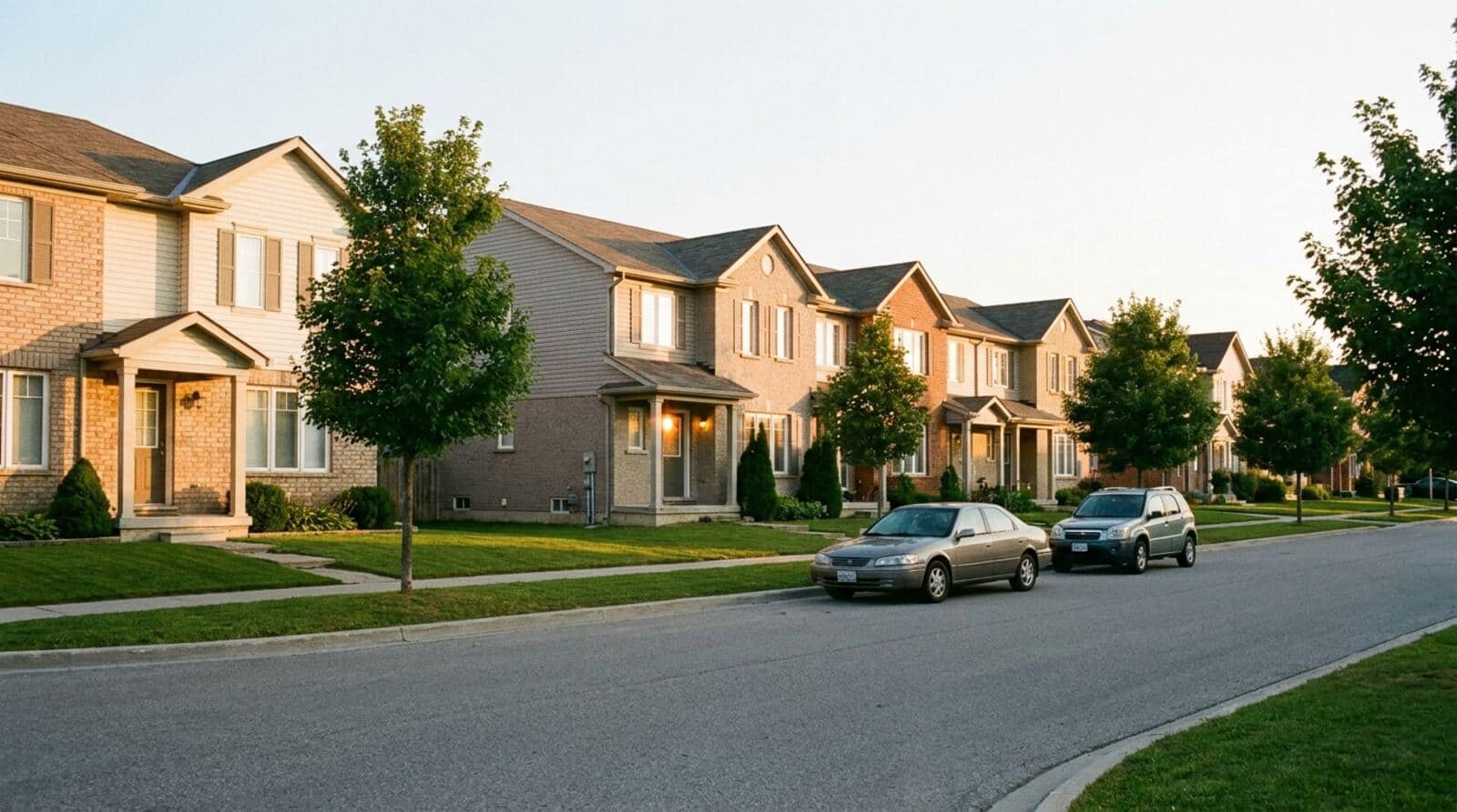 A street of two-storey rental townhomes in late afternoon light, one porch light already on
